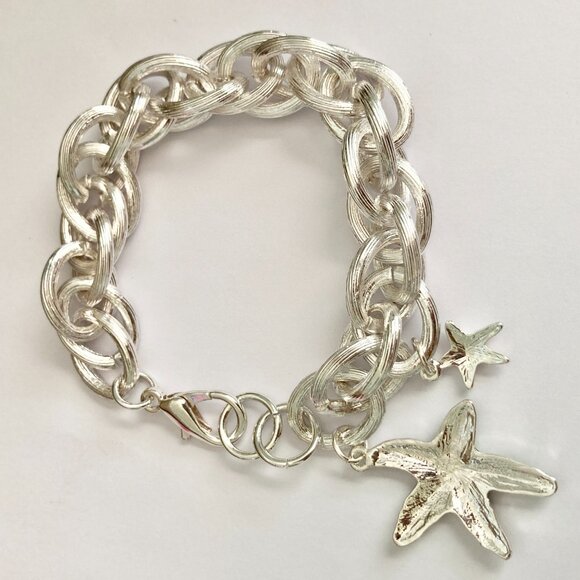 Silver Sea Life Starfish Charm Bracelet 8-8.5" Chain Beach Plus Size Plated - Picture 9 of 10